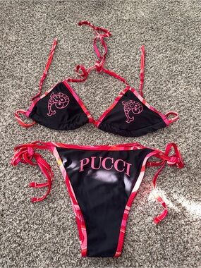 Emilio Pucci Black Bikini with Pink Logo and Trim